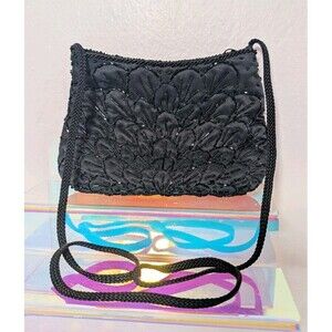 La Regale Black Beaded Evening Bag Floral Shoulder Purse Y2K Vintage